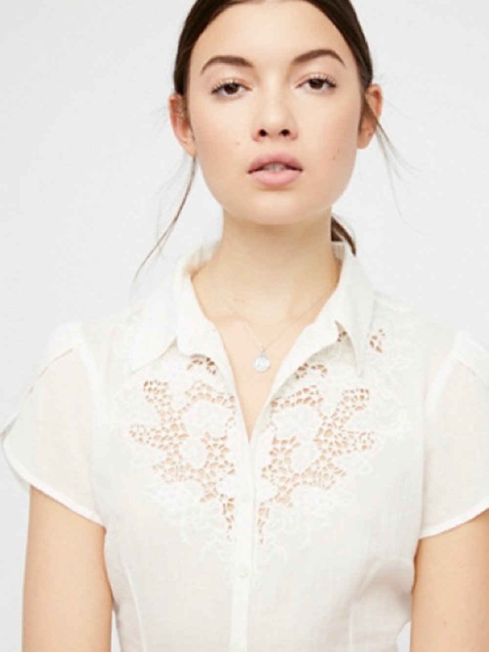 Free People Little Darling White Short-Sleeve Blouse with Floral Lace Yoke